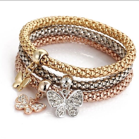 Butterfly Jewelry - Butterfly pendant golden beaded bracelet, three color bracelets